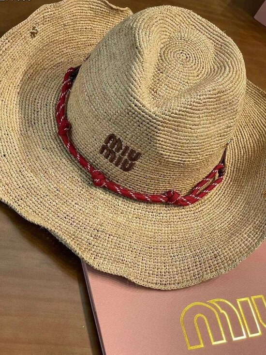 NEW Miu Miu Beige Straw Hat with Red Accent - Picture 3 of 8
